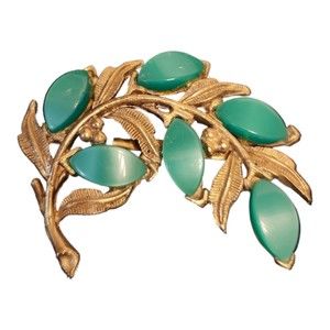 Vintage Leaf Branch Brooch Silver-tone Turquoise-colored leaves 2-1/2" x 1-5/8"